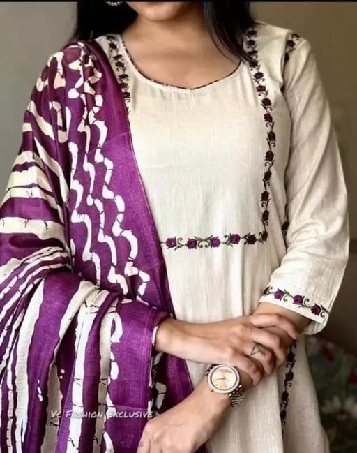 Khadi Cotton White And Purple Embroidered Kurta Set