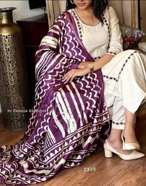 Khadi Cotton White And Purple Embroidered Kurta Set