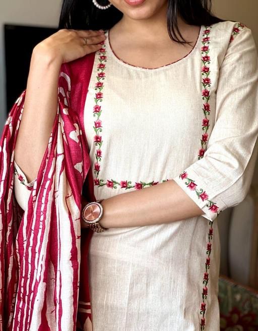 Khadi Cotton White & Red Embroidered Kurta Set