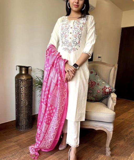 Khadi Cotton White And Pink Embroidered Kurta Set