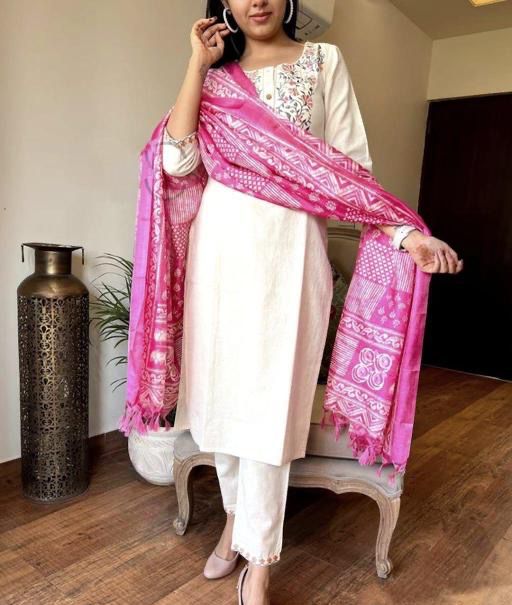 Khadi Cotton White And Pink Embroidered Kurta Set