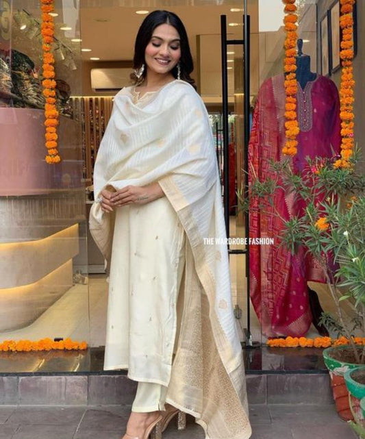 Off White Muslin And Banarasi Silk Kurta Set