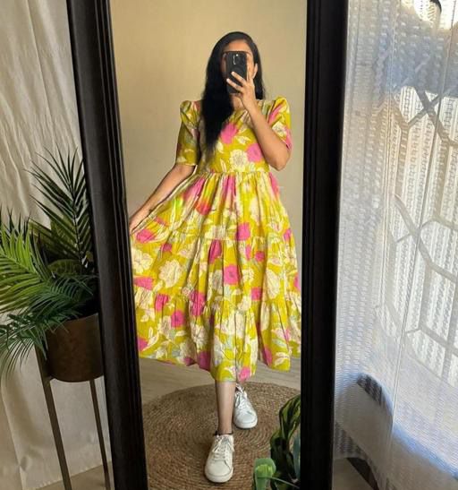 Yellow And Pink Printed Cotton Dress