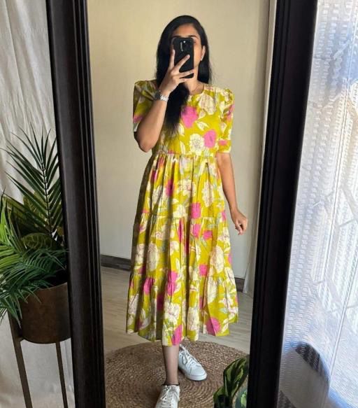Yellow And Pink Printed Cotton Dress