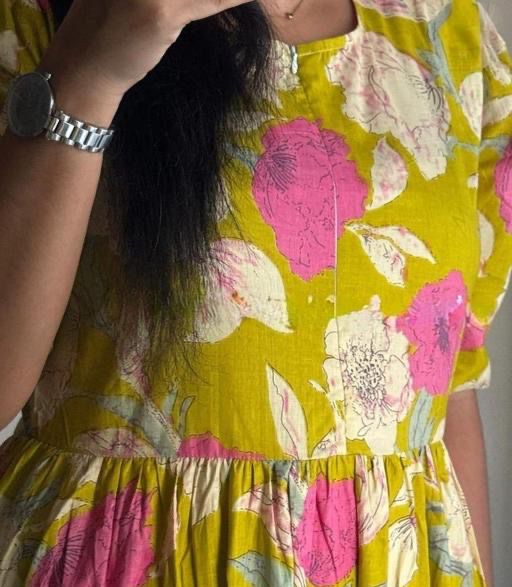 Yellow And Pink Printed Cotton Dress