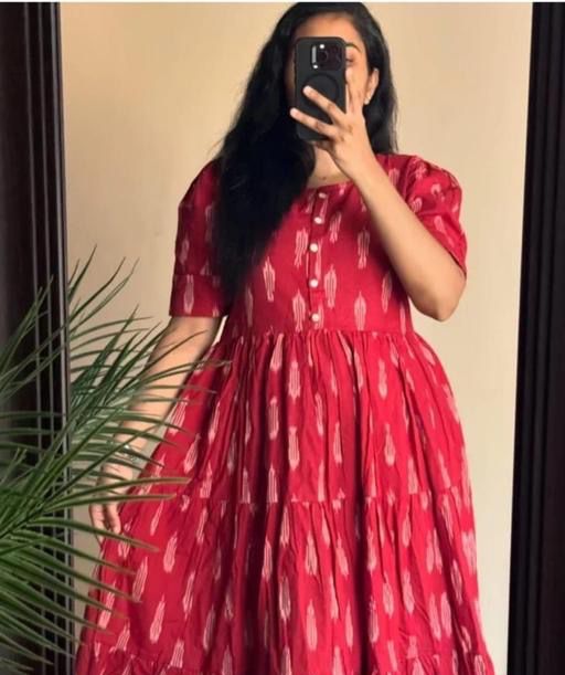 Red And White Ikat Style Print Cotton Dress