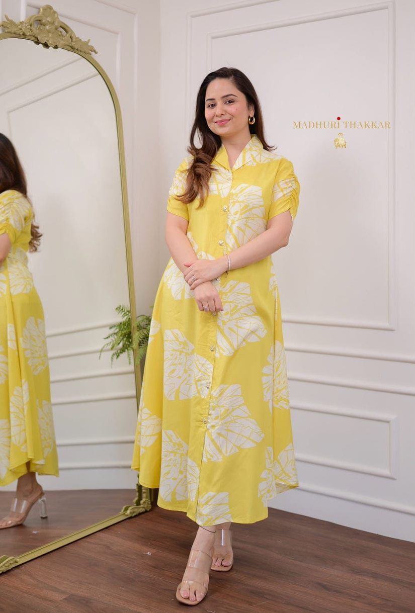 Muslin Cotton Yellow Printed Shirt Dress