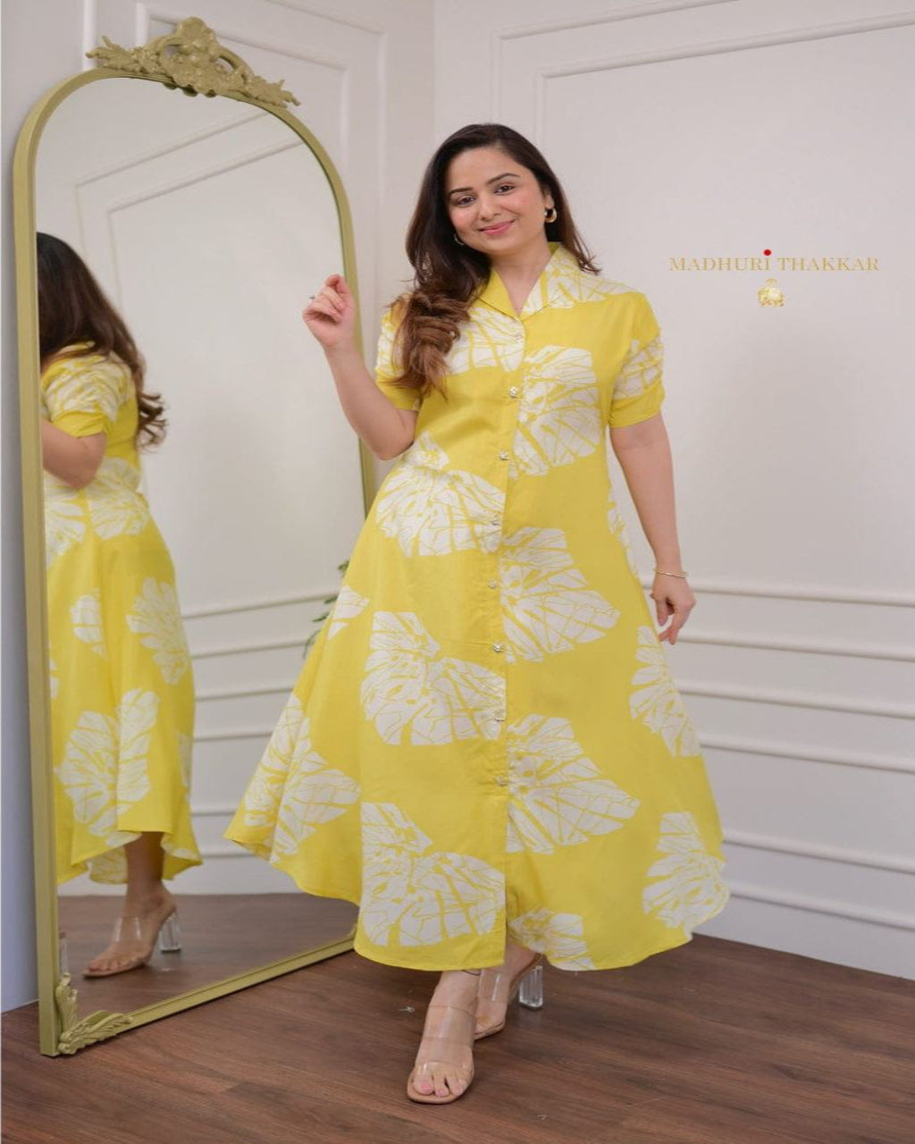 Muslin Cotton Yellow Printed Shirt Dress