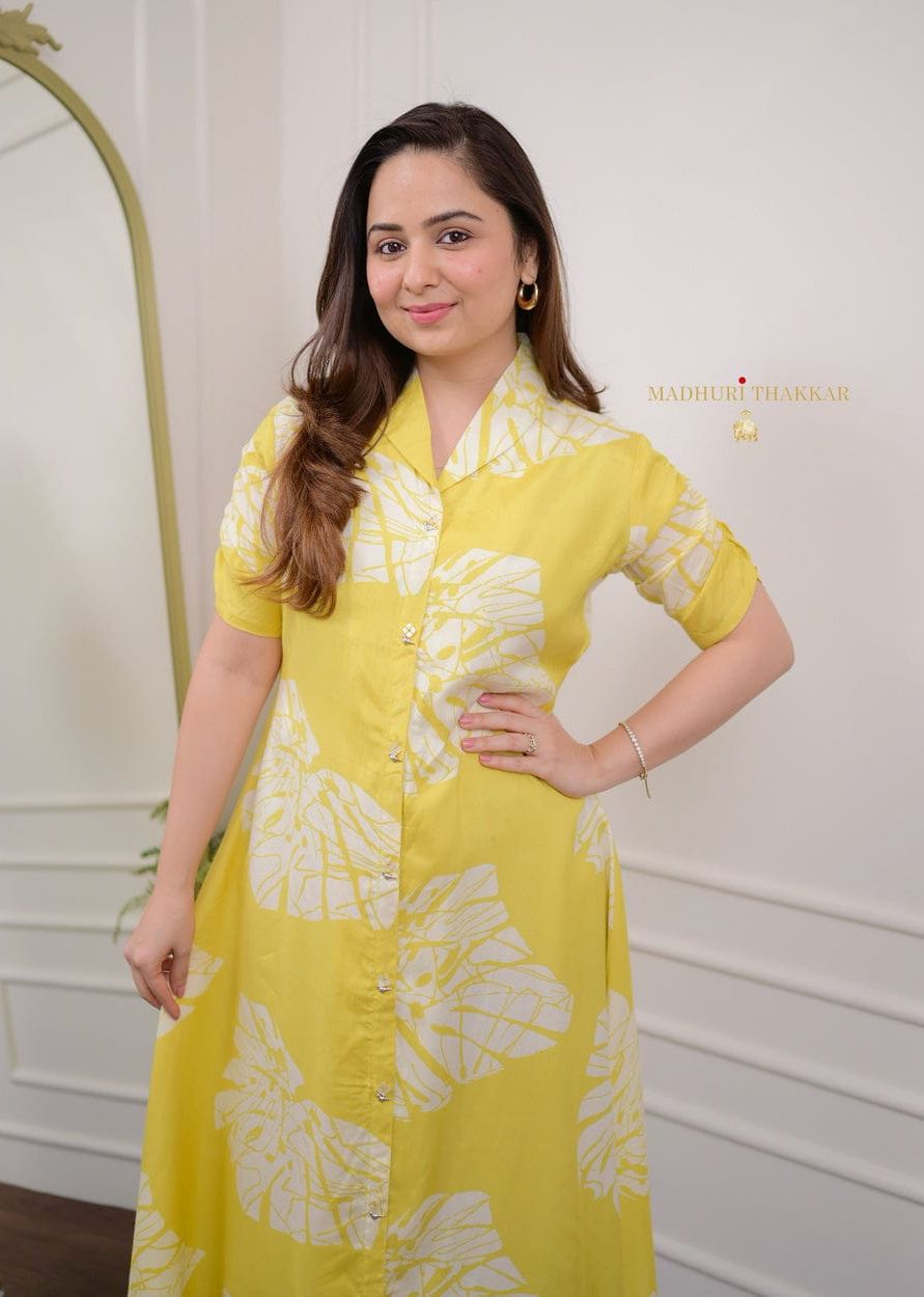 Muslin Cotton Yellow Printed Shirt Dress