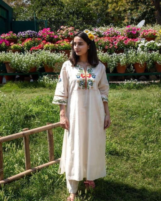 Off White Embroidered Kurta Set