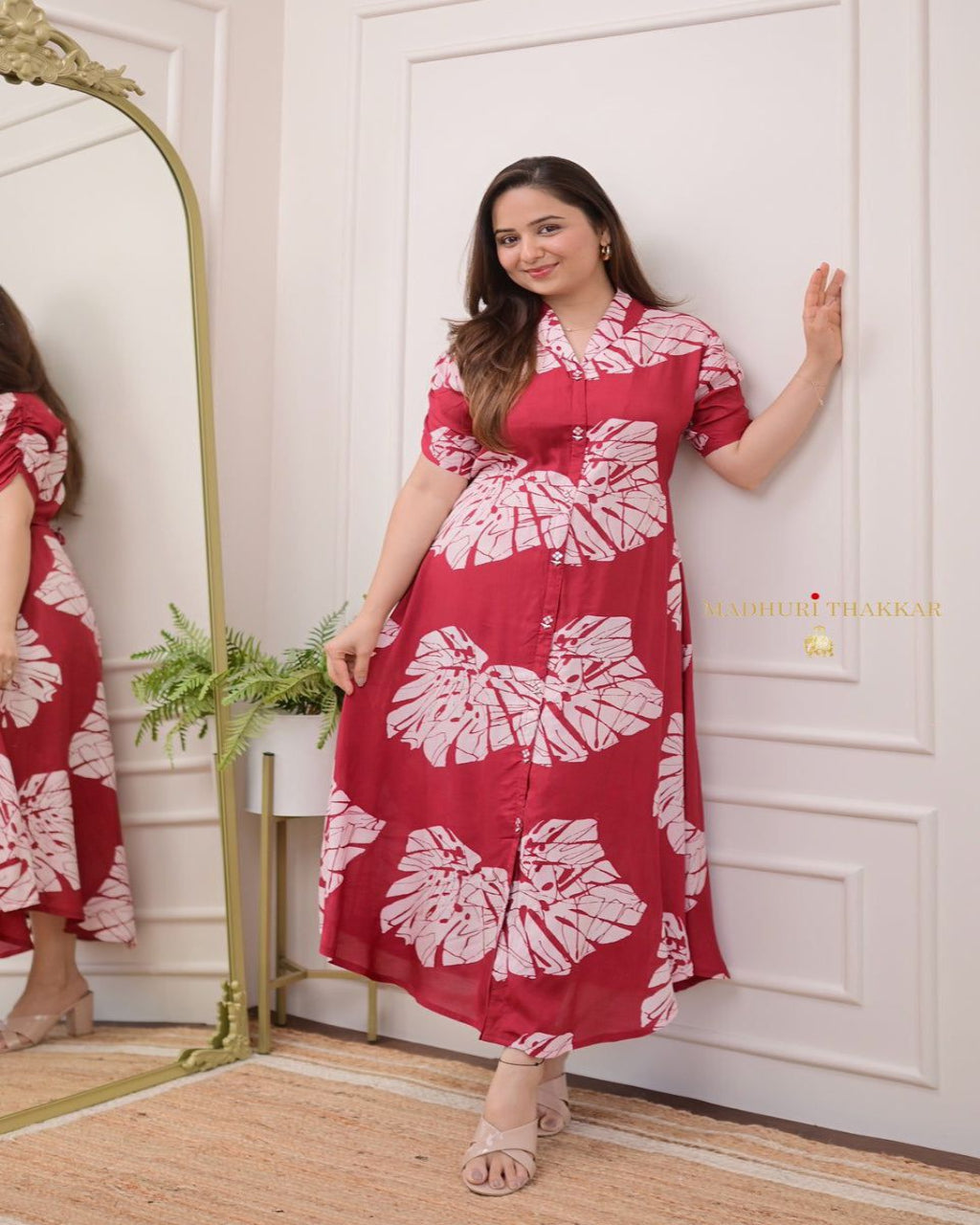 Muslin Cotton Red Printed Shirt Dress