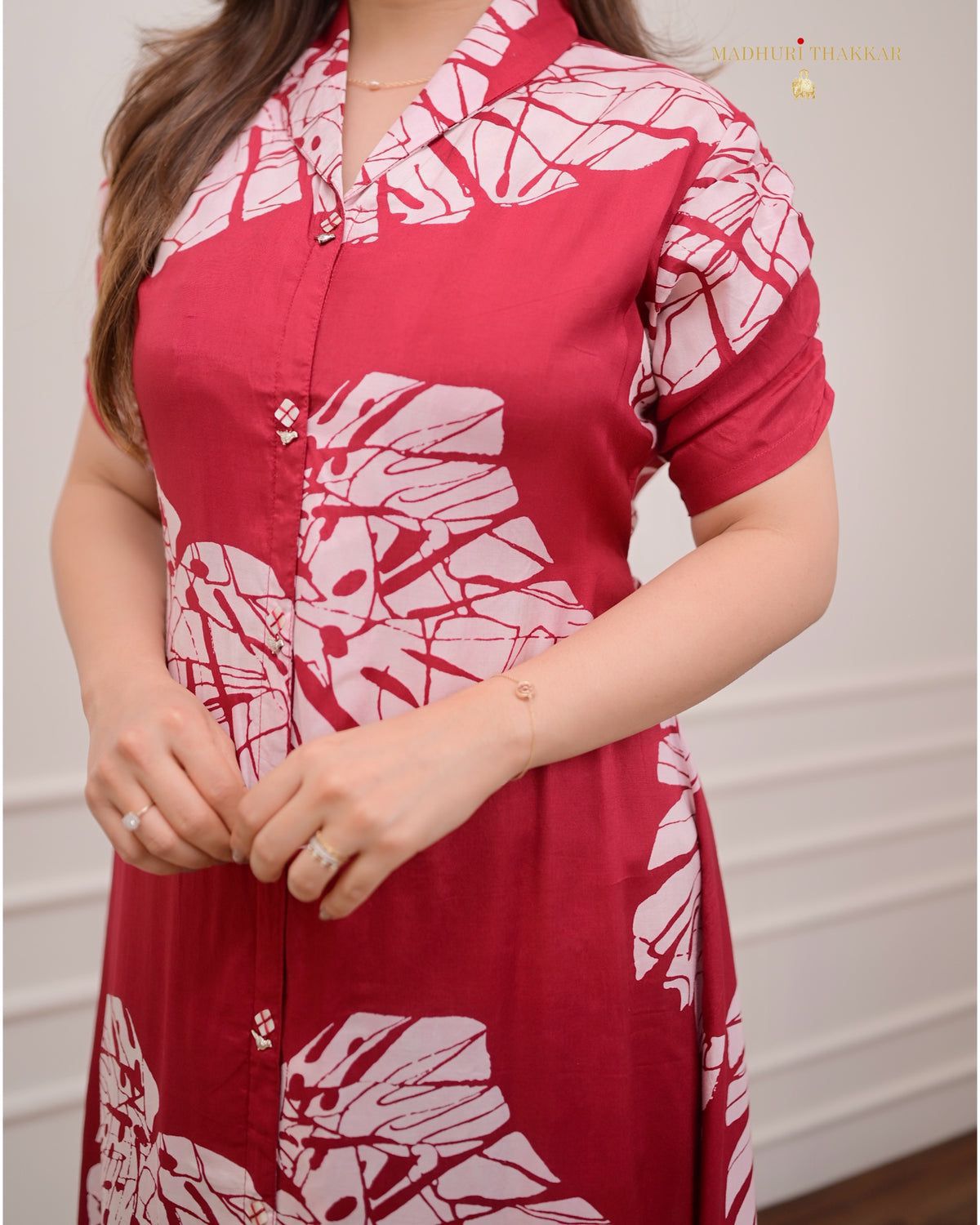 Muslin Cotton Red Printed Shirt Dress