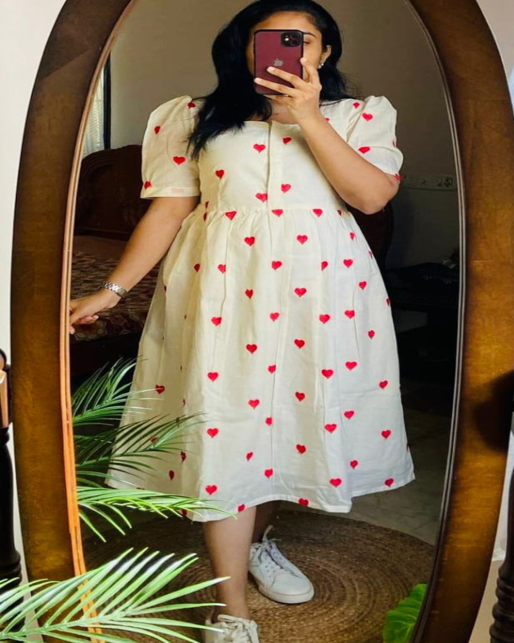 White Red Heart Printed Dress