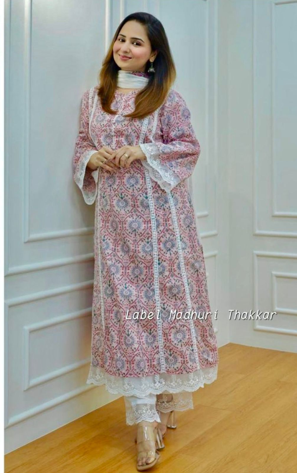 Pink Lace Kurta Set With Dupatta