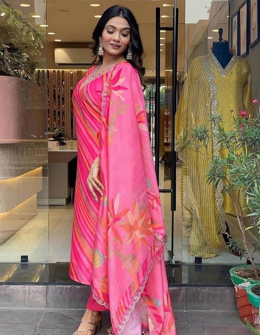 Pink Striped Kurta Set With Dupatta