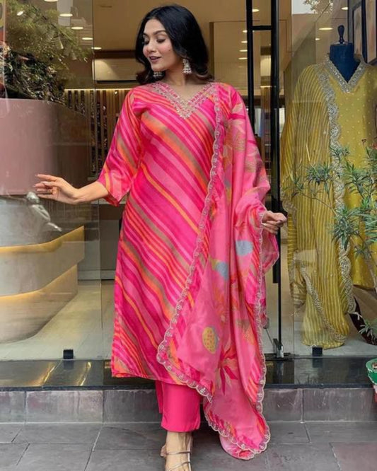 Pink Striped Kurta Set With Dupatta