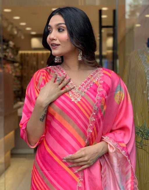 Pink Striped Kurta Set With Dupatta