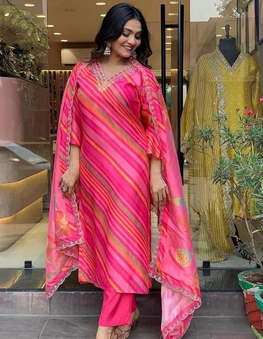 Pink Striped Kurta Set With Dupatta