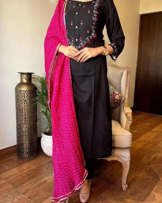 Black Embroidered Handloom Kurta Set