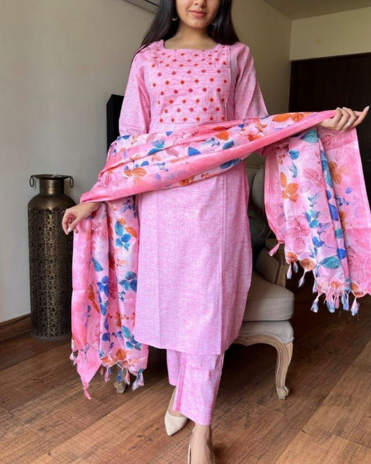 Pink Handloom Cotton Kurta Set With Dupatta