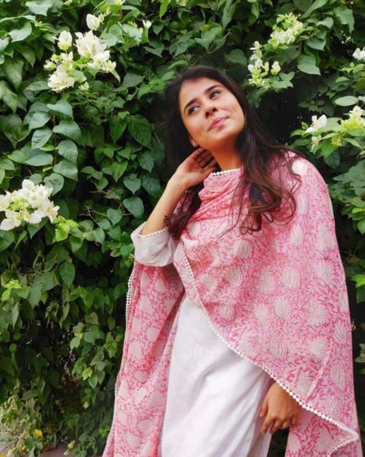 White And Pink Cotton Kurta Set With Dupatta