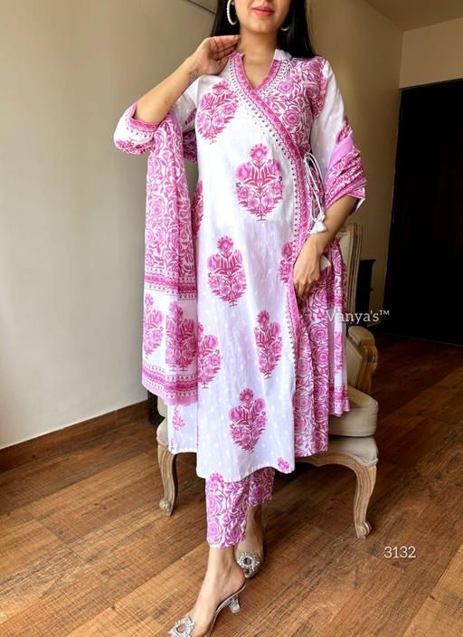 White And Pink Block Printed Kurta Set With Dupatta
