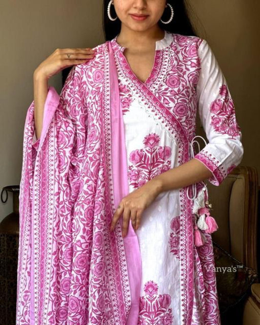 White And Pink Block Printed Kurta Set With Dupatta