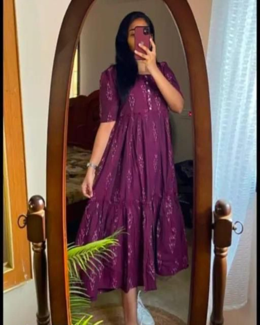 Wine Ikat Print Cotton Dress