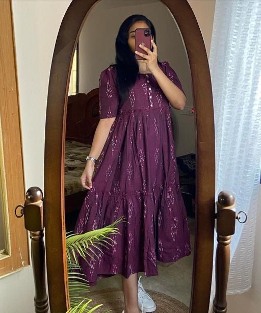 Wine Ikat Print Cotton Dress