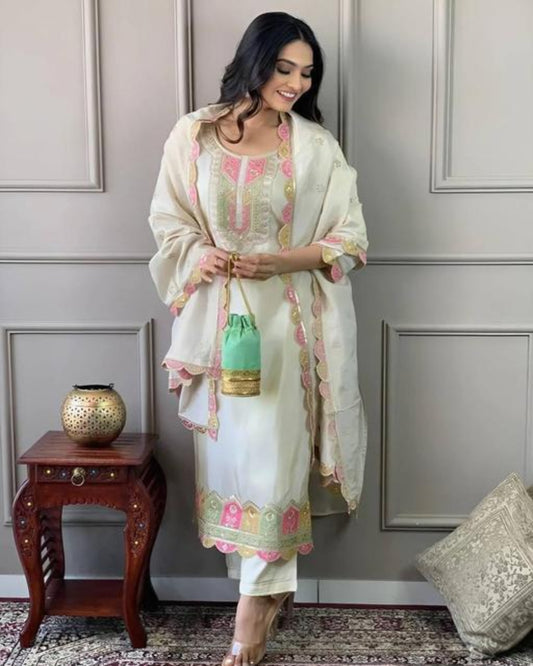 Self Design Embroidered Kurta Set With Dupatta