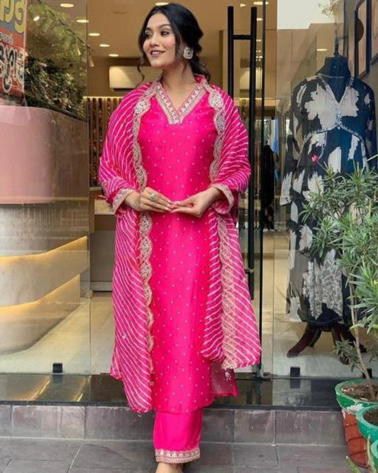 Bandhani Fuschia Pink Embroidered Kurta Set With Dupatta