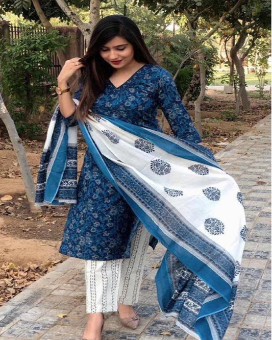 Indigo Printed Cotton Kurta Set With Pants