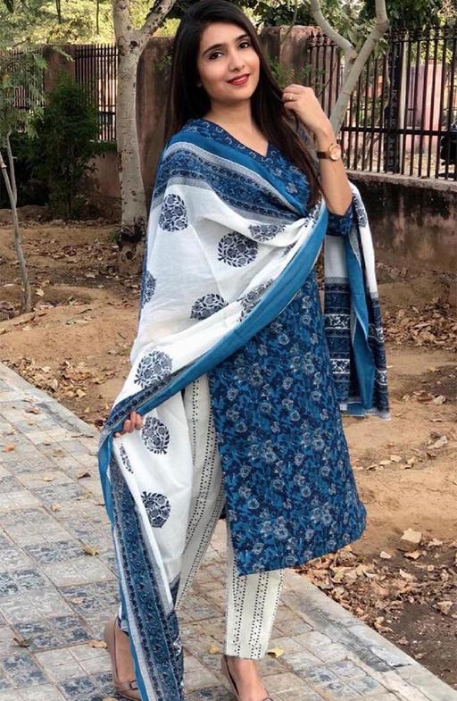 Indigo Printed Cotton Kurta Set With Pants