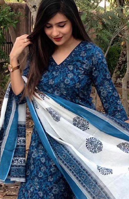 Indigo Printed Cotton Kurta Set With Pants
