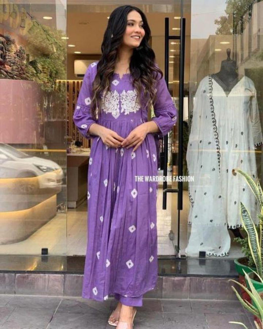 Purple Pure Mulmul Cotton Bandhej Kurta Pants Set