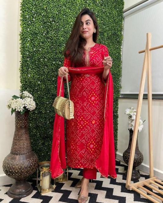 Red Bandhej Kurta Set With Pants And Dupatta
