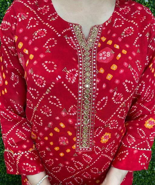 Red Bandhej Kurta Set With Pants And Dupatta