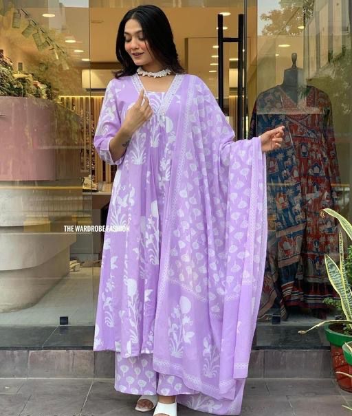 Purple Block Printed Kurta Pants Dupatta Set