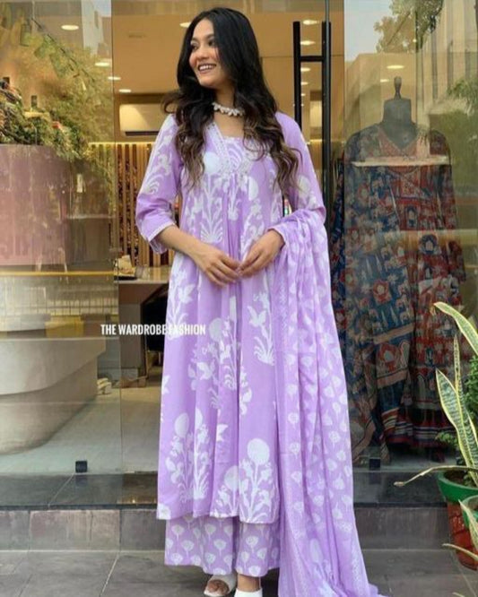 Purple Block Printed Kurta Pants Dupatta Set