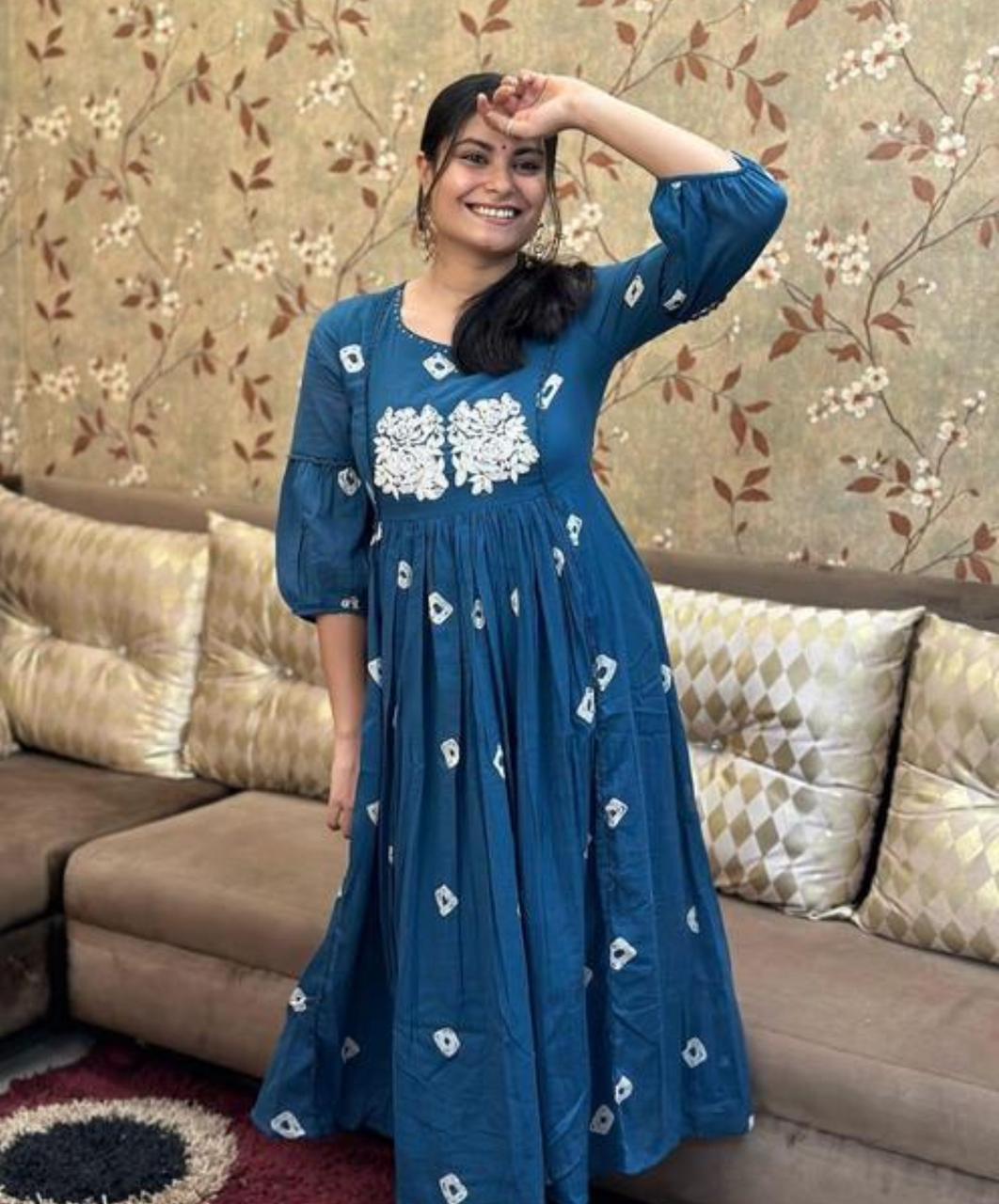 Blue Embroidered Gown Kurta With Pants Set