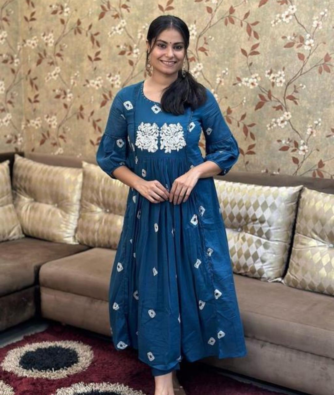Blue Embroidered Gown Kurta With Pants Set