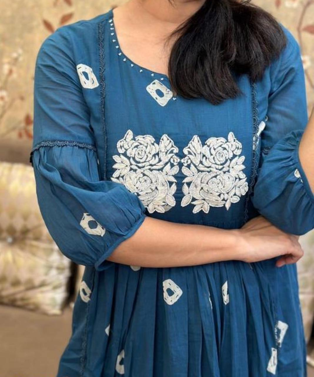Blue Embroidered Gown Kurta With Pants Set