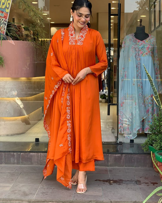 Orange Pure Cotton Kurta Set with Dupatta