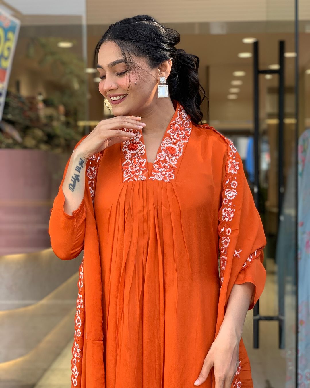 Orange Pure Cotton Kurta Set with Dupatta