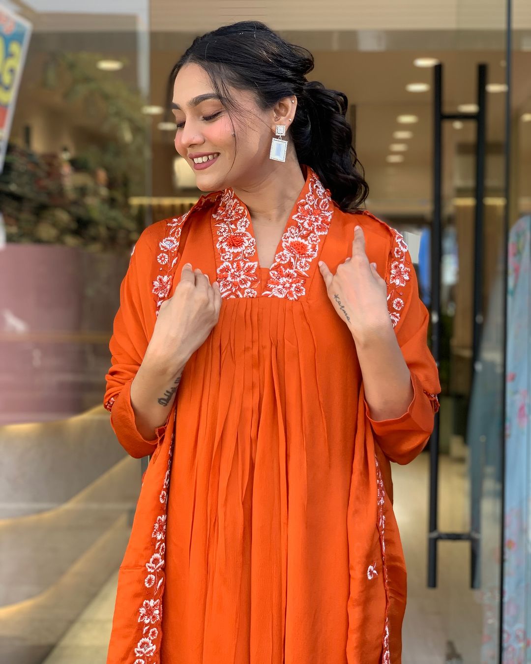 Orange Pure Cotton Kurta Set with Dupatta