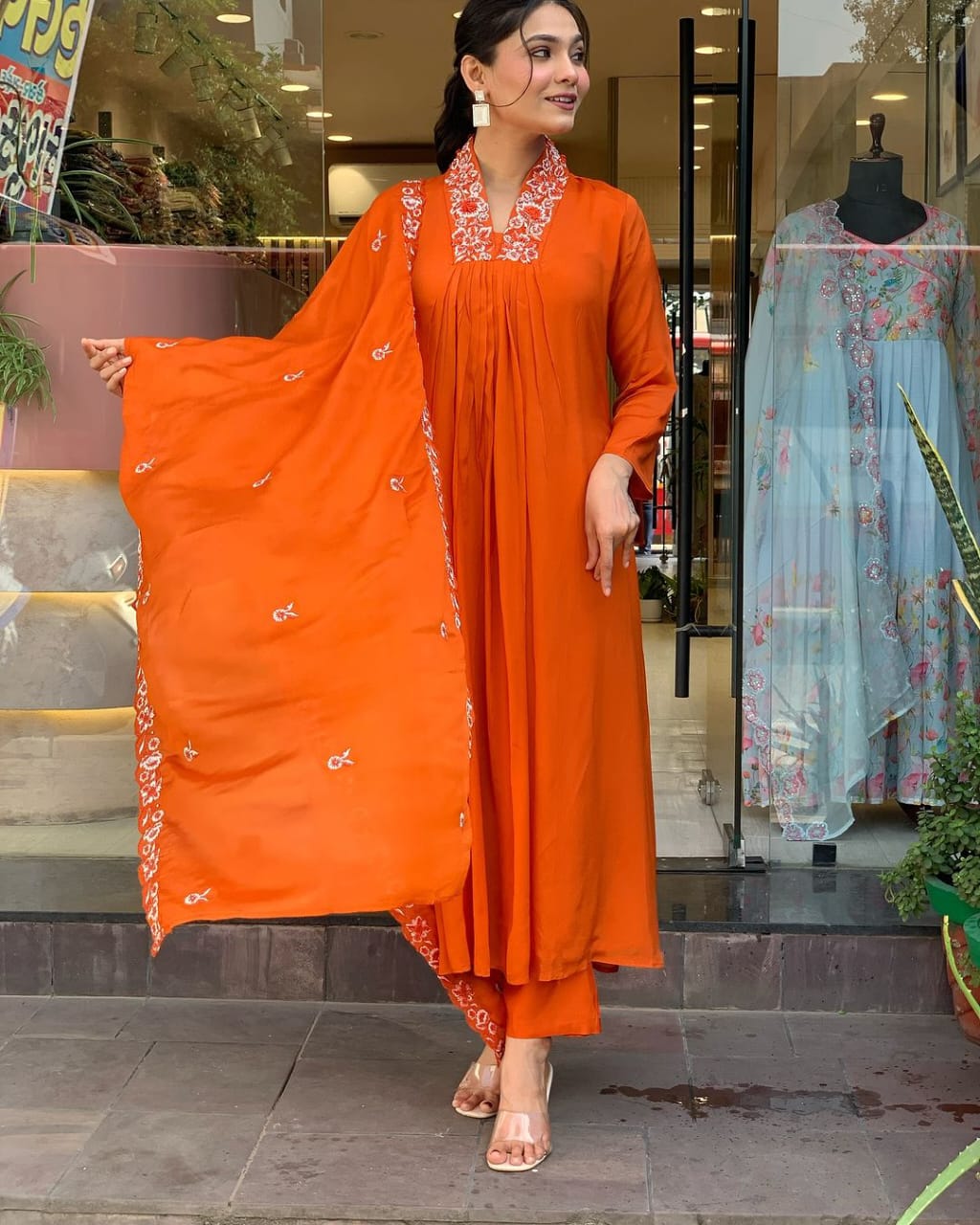 Orange Pure Cotton Kurta Set with Dupatta