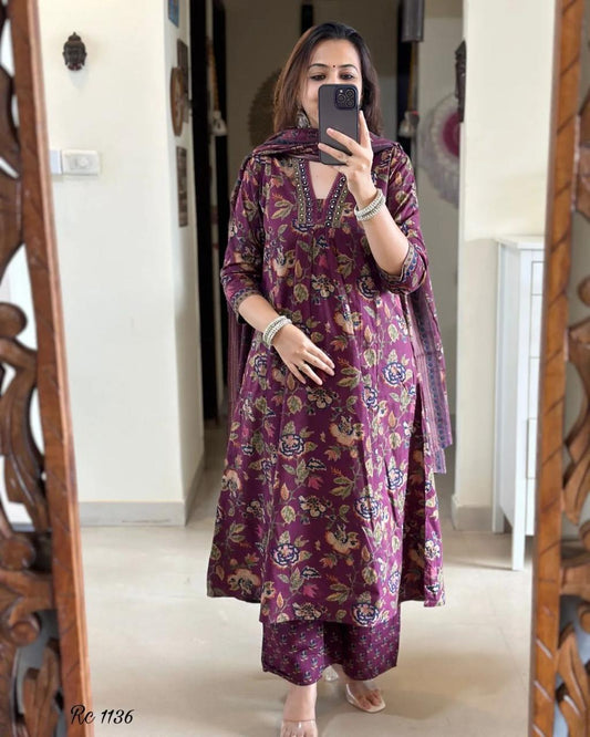 Burgundy Embroidered Cotton Kurta Set