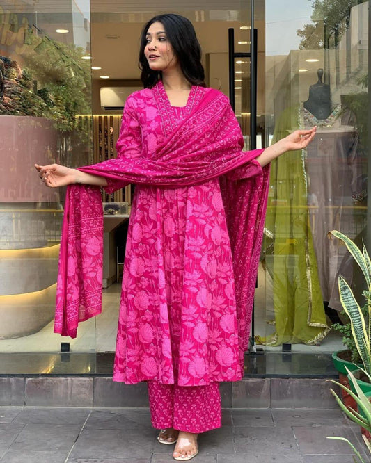 Pink A Line Kurta Set with Dupatta