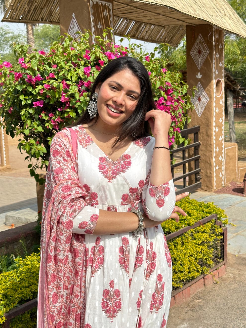 White and Peach Anarkali Kurta Set
