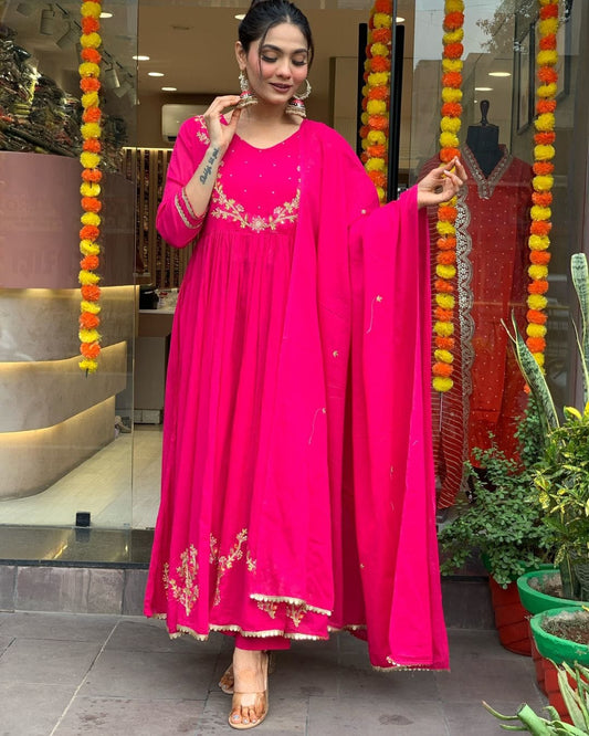 Party wear Rani Pink Handwork Kurta Set With Dupatta